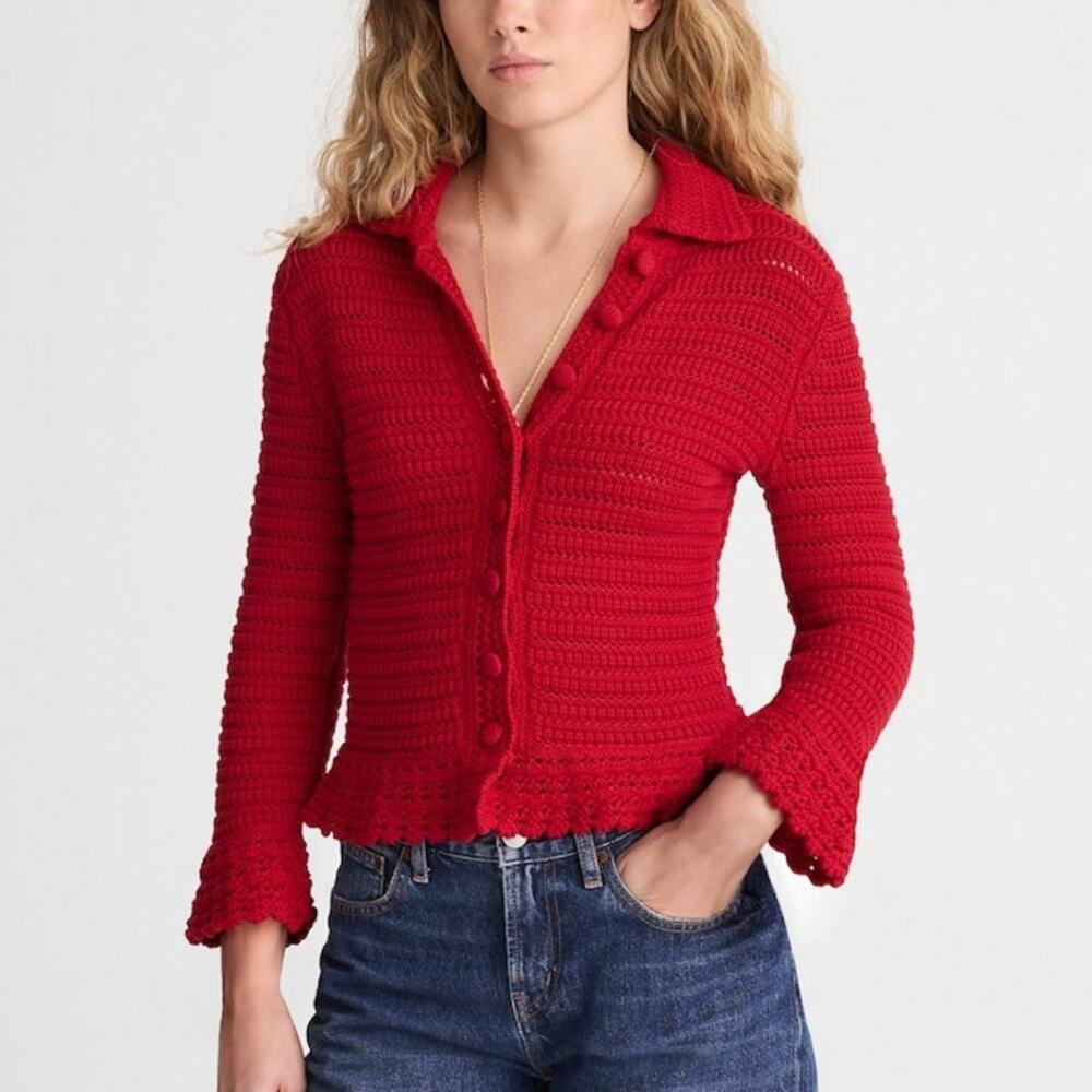 Madewell Pointelle-Knit Peplum Cardigan Sweater Flared Crimson Red Womens Size L
